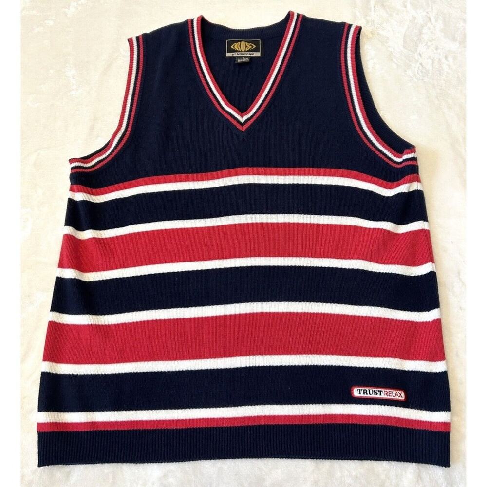 Trust Relax Knit V-Neck Striped Vest Sz M Red/White/Blue Nautical Preppy VTG
